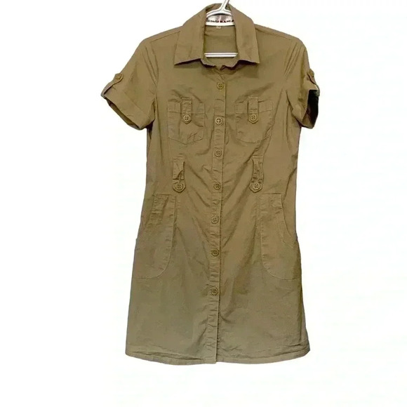 Costa Blanca tan, crisp, cotton/spandex midi dress with lots of pockets - Picture 1 of 5